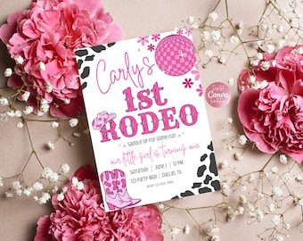 Disco Cowgirl 1st Birthday Invitation | First Rodeo Birthday Invite | Pink Cowgirl Party | Editable Canva Template