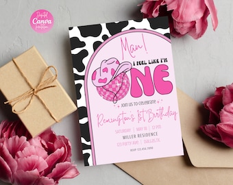 Man I Feel Like I'm One 1st Birthday Invitation | Pink Disco Cowgirl First Rodeo Party | Editable Canva Template