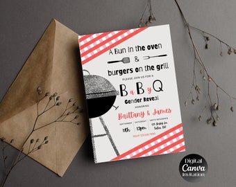 BBQ Gender Reveal Invitation | Baby Q Gender Reveal | He or She BBQ Invite | Editable Canva Template | Cookout Gender Reveal