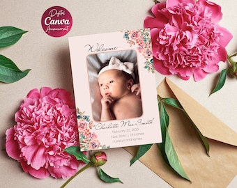 Floral Birth Announcement | Baby Girl Birth Announcement | Photo Birth Announcement | Birth Stats Card | Newborn Photo Card