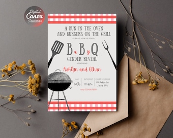 BBQ Gender Reveal Einladung | Baby Q Gender Reveal Einladen | Er oder Sie offenbaren | Bearbeitbar Canva Invite | Grill Babyparty