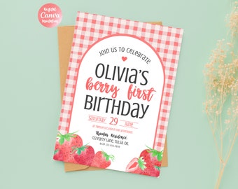 Berry First Birthday Invitation | Strawberry 1st Birthday Invite | Girl First Birthday Party | Berry Theme Invite | Canva Template