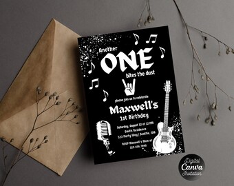 Another One Bites the Dust Birthday Invitation | Rock N Roll 1st Birthday Invite | Guitar Rockstar Party | Editable Canva Template