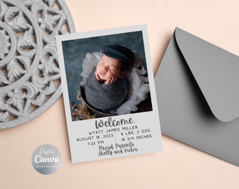 Tarjeta de anuncio de nacimiento / Anuncio de nacimiento de un niño / Anuncio de nacimiento con foto / Plantilla de anuncio de nacimiento / Tarjeta de datos de nacimiento