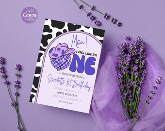 Man I Feel Like I’m ONE 1st Birthday Invitation | Purple Disco Cowgirl Invite | My First Rodeo Birthday | Western Girl Birthday Invite