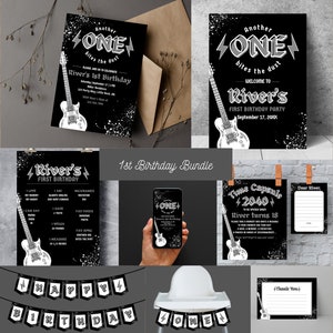 Another ONE Bites the Dust Birthday Bundle|Another One Bites the Dust Birthday|Editable Invitation|Rock n Roll Birthday Bundle|Guitar Invite