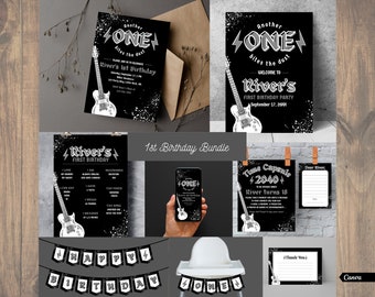 Rock n Roll 1st Birthday Bundle | Guitar Invitation (Editable, Digital)