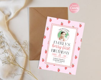 Berry First Birthday Invitation | Strawberry First Birthday Girl | Photo Birthday Invite | Editable Canva Template