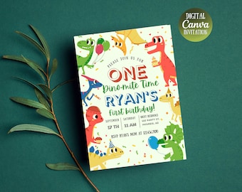 Dino-mite ONE 1st Birthday Invitation | Dinosaur 1st Birthday Boy | Dino Party Invite | Editable Canva Template