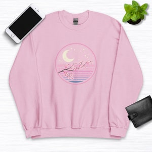 Sudadera con diseño de flor de cerezo y árbol de Sakura, camiseta de flores kawaii, cuello redondo con letras japonesas florales, camiseta estética japonesa, regalo para amantes de Japón