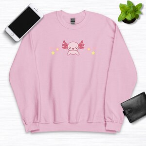 Kawaii Axolotl Sweatshirt, Smiling Cartoon Hoodie, Tiger Salamander Crewneck, Japanese Aesthetic Long Sleeve, Gift for Amphibian Lover
