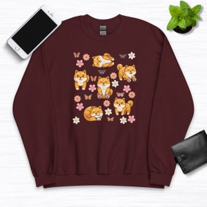 Kawaii Shiba Inu Sweatshirt, Cartoon Dog Hoodie, Botanical Cottagecore Sweater, Flower Aesthetic Pullover, Pet Owner Crewneck