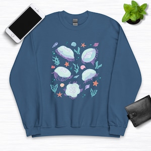 Kawaii Jellyfish Sweatshirt, Moon Jelly Hoodie, Marine Biology Crewneck, Ocean Conservation Sweater, Vintage Sustainability Long Sleeve