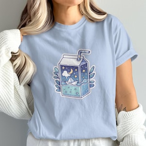 Kawaii Milk Carton Shirt, Celestial Juice Box Sweatshirt, Dreamy Night Sky Crewneck, Japanese Aesthetic Sweater, Whimsical Long Sleeve