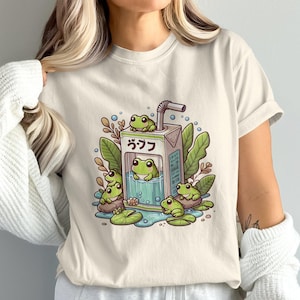 Kawaii Frosch-Shirt, Pastell Juice Box Sweatshirt, wunderliche Krötendusche mit Rundhalsausschnitt, schrulliger Amphibien-Pullover, japanische Ästhetik mit langen Ärmeln