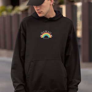 Embroidered Hawaii Rainbow Hoodie, Custom Hawaiian Sweatshirt, Hawaiian Rainbow Crewneck, Aloha State Long Sleeve, Vintage Rainbow Crewneck