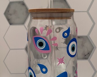 Blank 16oz glass can & glass straw with bamboo lid