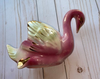 Vintage 1950s Planter Pink Lusterware Swan: Gold Tipped Boho Decor