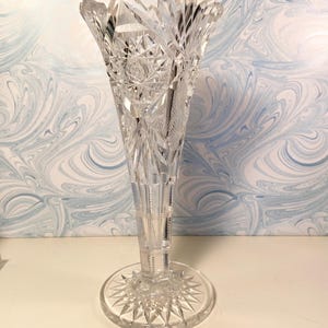Heavy cut crystal trumpet vase/early 20th century/Victorian style elegant glass vase/10" tall