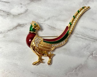 Vintage SWAROVSKI Crystal and Enameled Gold Plated Pheasant Brooch/Collectible Jewelry/1970s-1980s