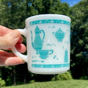 Hazel Atlas Kitchen Aid design teal/turquoise graphics/milk glass 8 oz mug/**Free Shipping