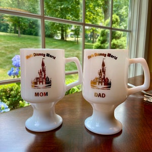 Vintage pair of Disney milk glass footed mugs/Disney castle/Mom and Dad/**Free Shipping**
