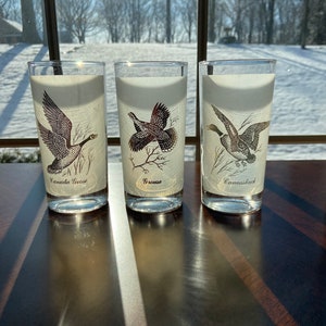 Set of 3 Vintage Frosted Game Bird Highball Glasses with gold bird designs