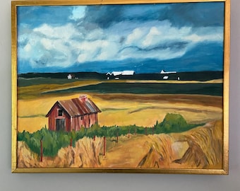 Original Painting Red Barn Farm/Field Country Scene/Framed 20x16"