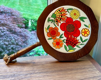 Vintage 1970s Floral Wood Trivet: MCM Cheese Board