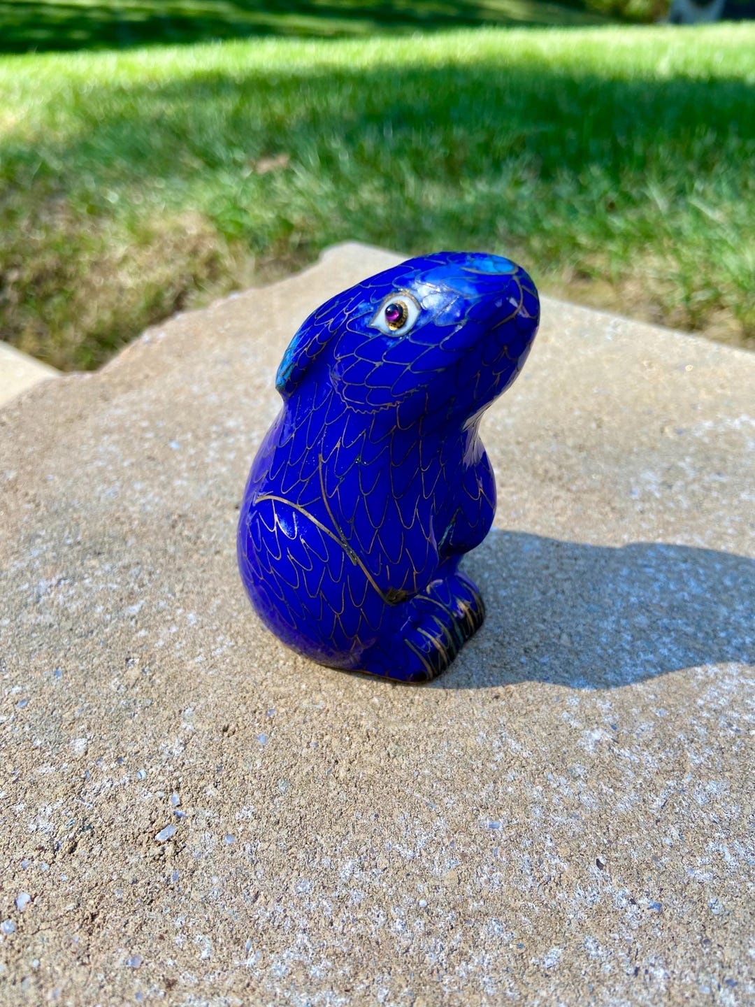 Vintage Cloisonné Rabbit Figurine: Blue Enamel Bronze Decor (3
