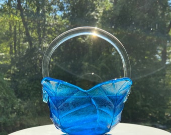 Vintage 1960s Viking Glass Blue petal basket with clear handle/Rare/Collectible/Original Sticker