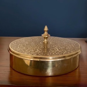 Indian Etched Brass Spice/Masala box with 7 brass cups