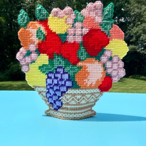 Vintage Needlepoint Fruit Basket/Free standing/**Free Shipping
