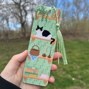 Cottagecore Cat Bookshelf Bookmark , Cozy bookmarks , Pastel Colors , Bookish Gift for Mom , Cat Lover , Finish Double-Sided ,paper bookmark
