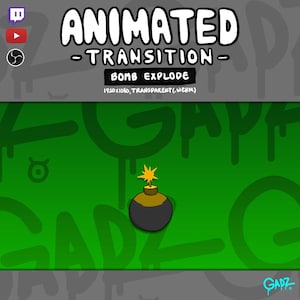 May include: A digital graphic featuring a cartoon bomb with a lit fuse centered on a green background. The text reads ANIMATED TRANSITION, BOMB EXPLODE, 1920x1080, TRANSPARENT (.WEBM). Icons for Twitch, YouTube, and OBS are visible in the top left corner.
