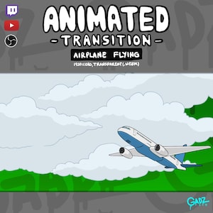 May include: An animated transition graphic featuring a white and blue airplane flying through a sky with white clouds. The text reads ANIMATED TRANSITION, AIRPLANE FLYING, 1920x1080, TRANSPARENT(.WEBM). Icons for Twitch, YouTube, and OBS are visible.
