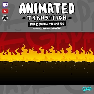 May include: An animated transition graphic featuring a stylized yellow flame border over a dark background. The text reads ANIMATED TRANSITION, FIRE BURN TO ASHES, 1920x1080, TRANSPARENT (.WEBM), with Twitch, YouTube, and OBS icons displayed in the corner.