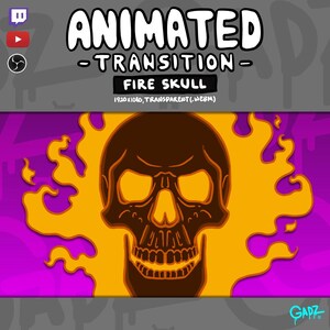 May include: A digital graphic featuring a dark brown skull surrounded by bright orange flames against a purple background. The text reads ANIMATED TRANSITION FIRE SKULL 1920x1080, TRANSPARENT (.WEBM) with Twitch, YouTube, and OBS icons visible.
