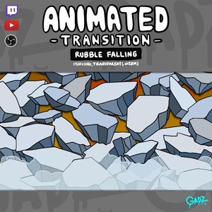 May include: A digital graphic titled ANIMATED TRANSITION RUBBLE FALLING 1920x1080, TRANSPARENT(.WEBM) featuring a cartoon illustration of light blue jagged rock fragments layered over a solid orange background with Twitch, YouTube, and OBS icons.