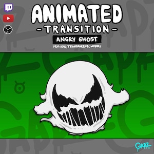 May include: An animated transition graphic featuring an angry ghost character with a white body and jagged black eyes and mouth. The text reads ANIMATED TRANSITION ANGRY GHOST 1920x1080, TRANSPARENT(.WEBM). Icons for Twitch, YouTube, and OBS are visible.
