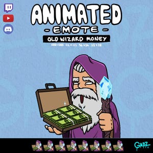 Könnte beinhalten: Eine animierte Emote-Grafik mit einem Zauberer mit weißem Bart und violettem Umhang, der einen leuchtend blauen Stab und einen offenen Koffer voller grüner Geldbündel hält. Text ANIMATED EMOTE OLD WIZARD MONEY 1000x1000 112x112 56x56 28x28.