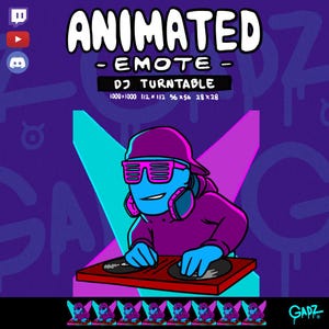 May include: An animated digital emote featuring a blue character wearing a purple cap, pink shutter shades, and headphones, operating a red DJ turntable. The graphic includes the text ANIMATED EMOTE DJ TURNTABLE and dimensions 1000x1000, 112x112, 56x56, 28x28.