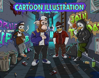 Custom Hand Drawn Cartoon Illustration For Cover Art, T-Shirt, Poster, Advertising, Etc.