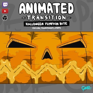 May include: An animated transition graphic featuring a stylized orange pumpkin face with black triangular eyes and a nose, and a jagged, dripping mouth. Text reads: ANIMATED TRANSITION - HALLOWEEN PUMPKIN BITE, 1920x1080, TRANSPARENT (.WEBM). Includes Twitch, YouTube, and OBS icons.