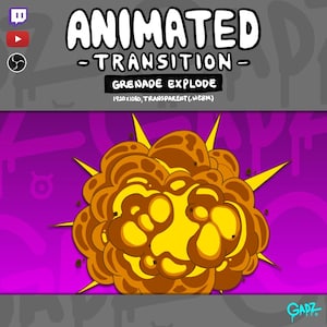 May include: A digital graphic featuring the text ANIMATED TRANSITION GRENADE EXPLODE 1920x1080, TRANSPARENT(.WEBM) above a cartoon-style explosion with yellow and orange clouds and sharp yellow spikes set against a vibrant purple background.