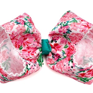JUMBO Pink Floral Moonstitch Grosgrain Ribbon Hair Bows, Toddler and Baby Hair Bows, Cranial Band Bows, Boutique Bow, Spring, Easter Teal Knot