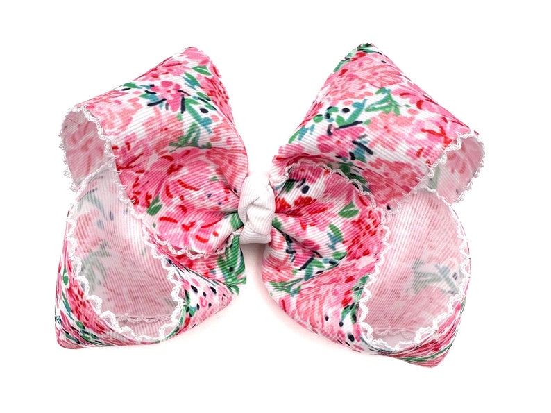 JUMBO Pink Floral Moonstitch Grosgrain Ribbon Hair Bows, Toddler and Baby Hair Bows, Cranial Band Bows, Boutique Bow, Spring, Easter White Knot