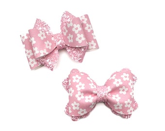 Valentine's Day Hair Bows, Faux Leather, Hair Clips, Multiple Sizes, Glitter, Pink, White, Hearts, Flowers