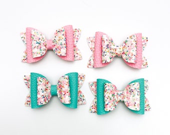 Pink or Turquoise and Rainbow Glitter Bows, Hair Bows, Faux Leather, Summer, Hair Clips, Headband
