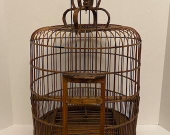 Vintage 25” Bamboo Bird Cage w/2 Pottery Feeders and Brass Hook.